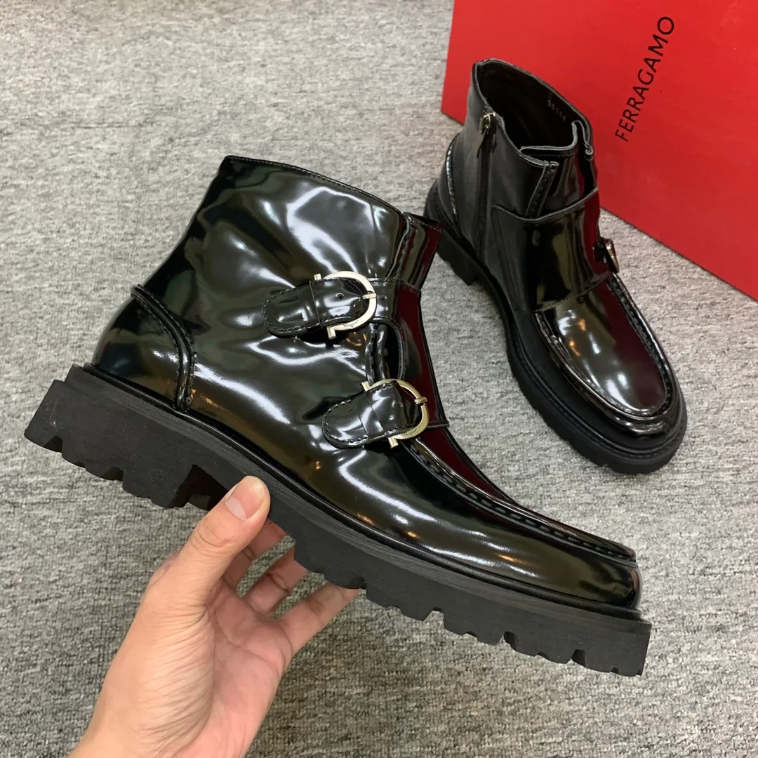 Men's shoes 💰960 🎁🎁🎁😈[Ferragamo] Men's high-top boots, the latest hot style, 1:1 original purchase quality, top quality, imported cowhide for the uppers, imported cowhide for the lining and feet, with original lightweight foam outsole, matching code 39-44, (38, 45 custom-made, non-refundable)